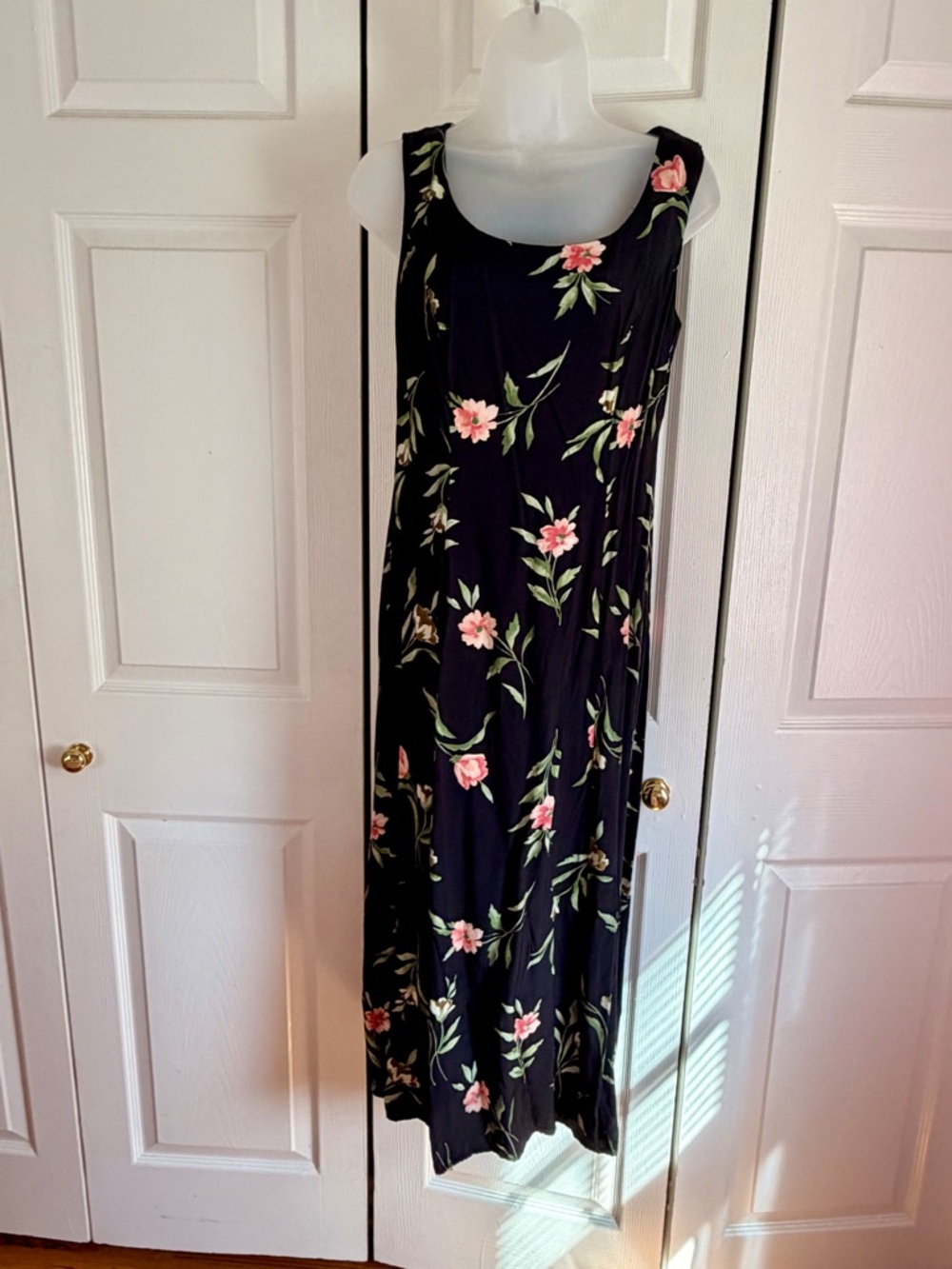 Sleeveless Black Floral Midi Dress with Pink Blossoms